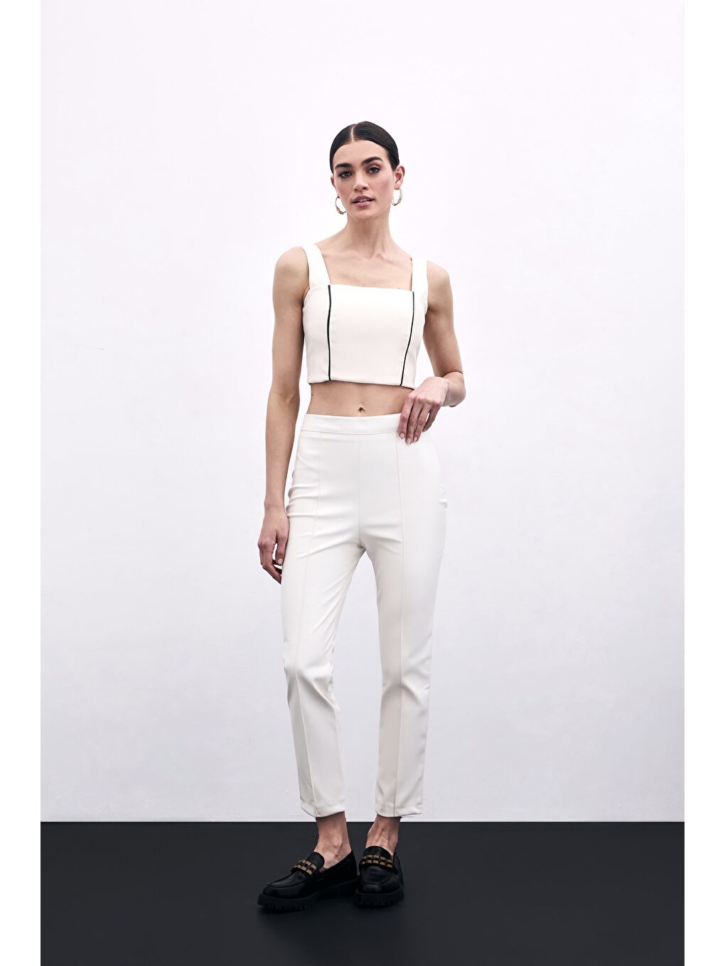 Yüksek Bel Deri Pantolon - Ekru
