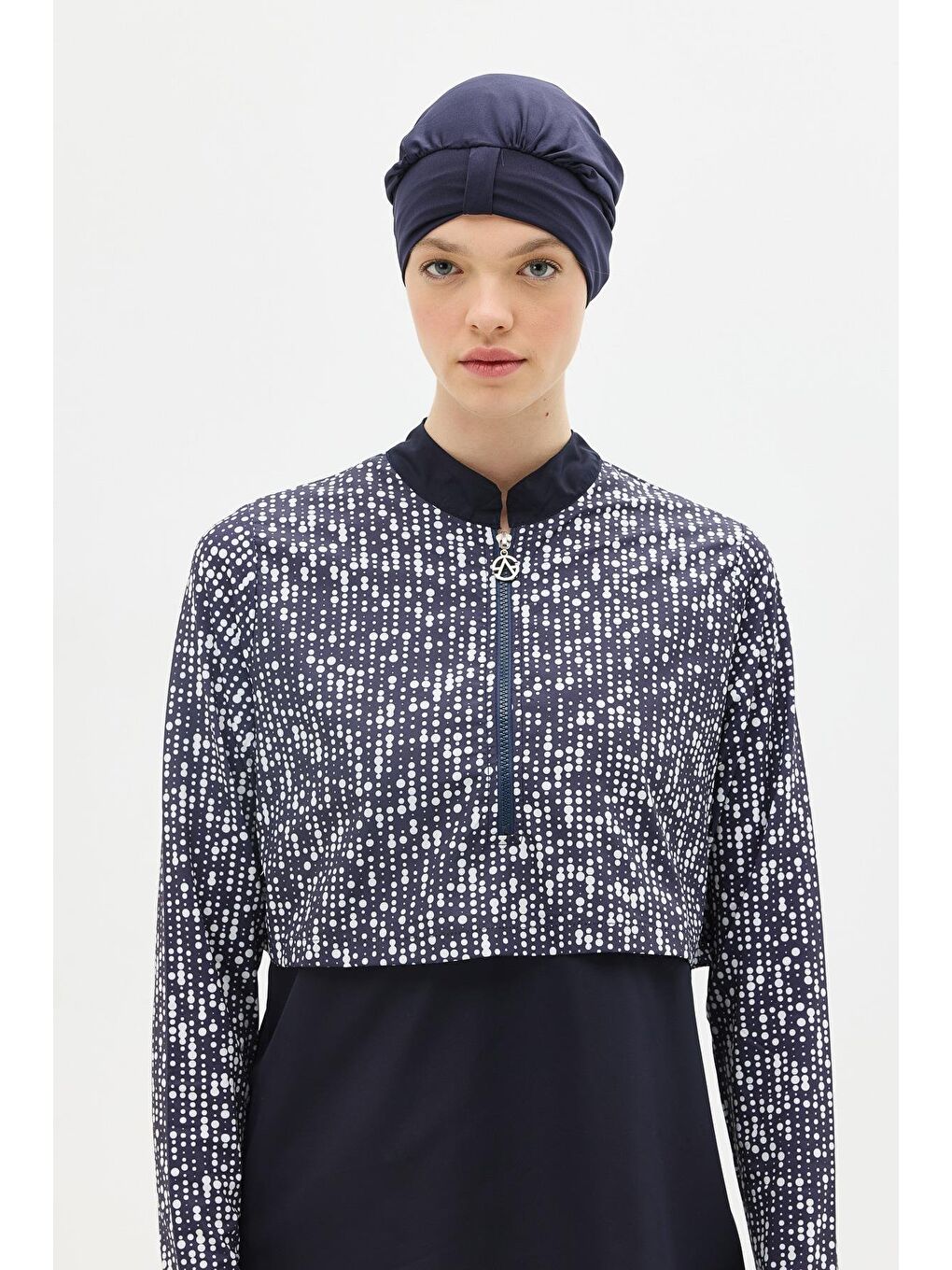 Modern Desen Detaylı Tam Kapalı Tesettür Mayo 4111 Lacivert/Beyaz-8