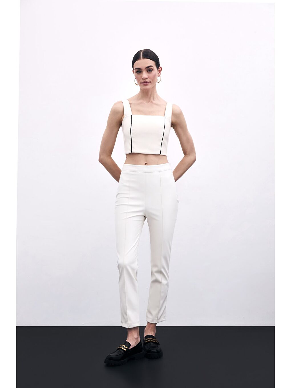 Yüksek Bel Deri Pantolon - Ekru-1