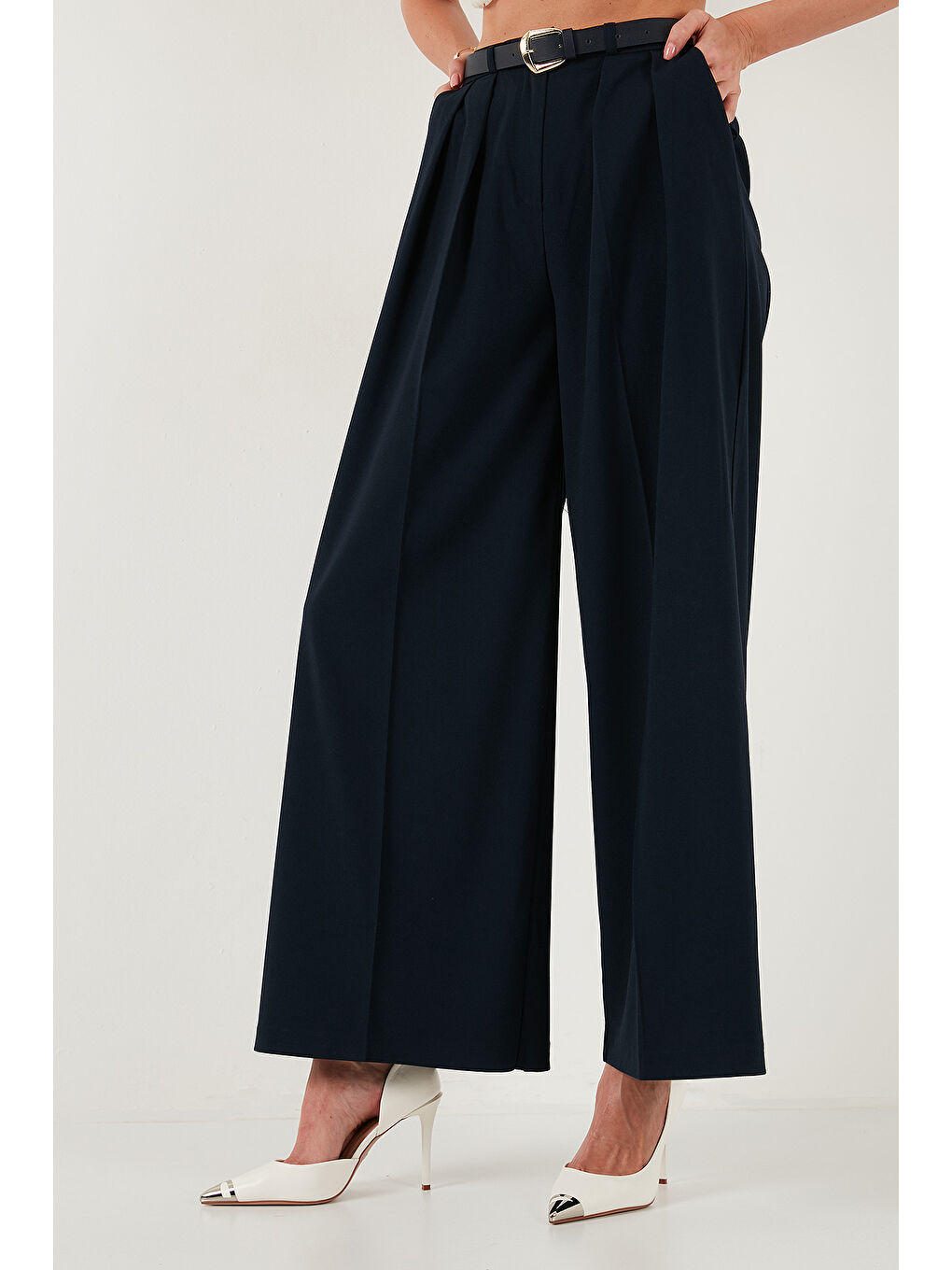 Lacivert Pileli Wide Leg Yüksek Bel Geniş Paça Kemerli Palazzo Pantolon 68351070-4