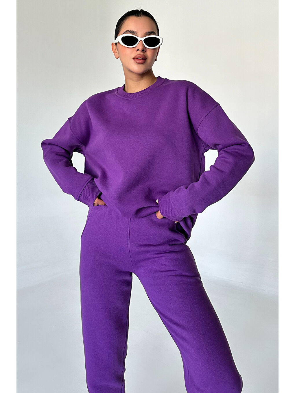 Kadın Erkek Mor Bisiklet Yaka Düz Oversize Alt-Üst Eşofman Takımı-6