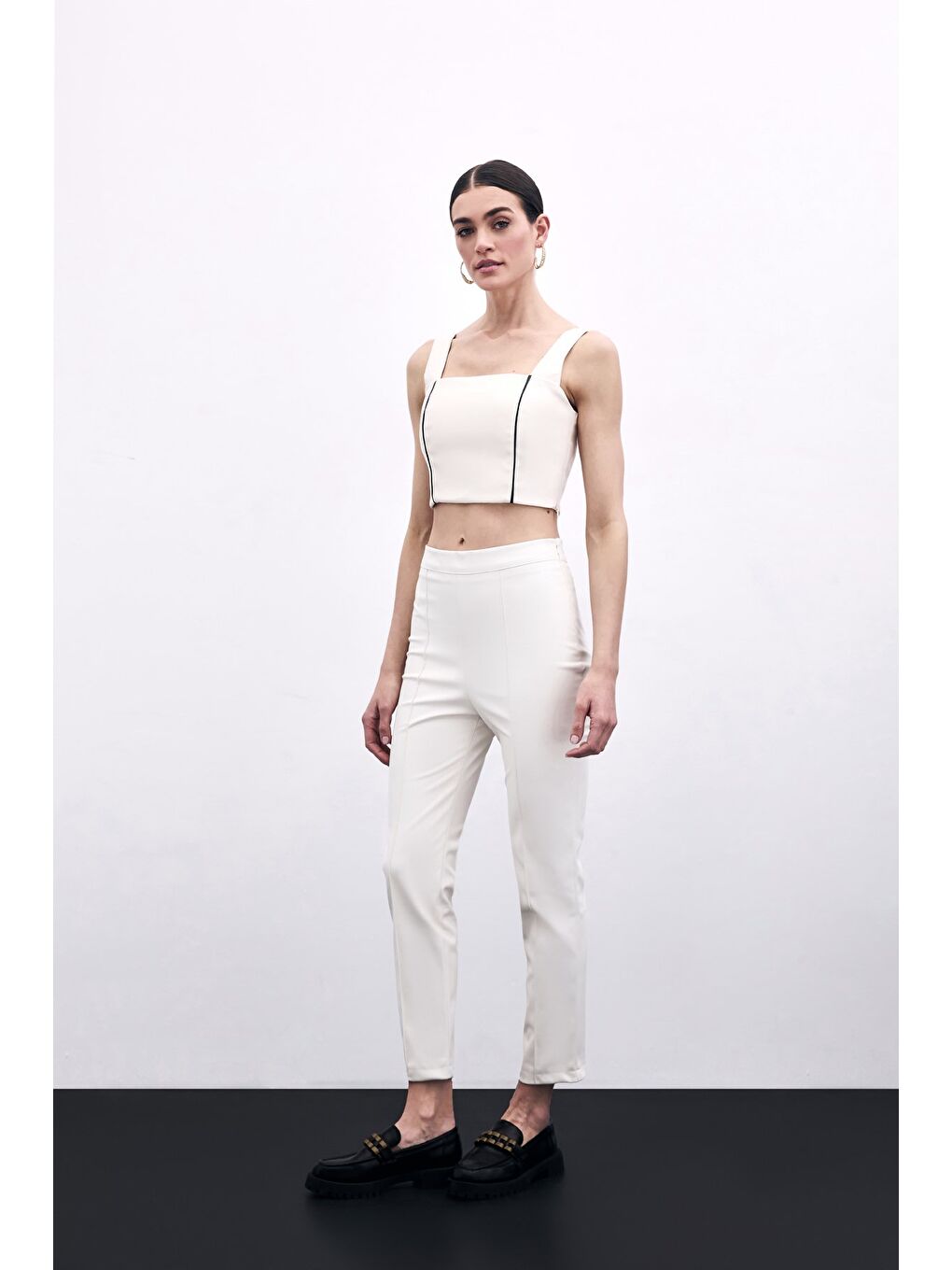 Yüksek Bel Deri Pantolon - Ekru-2