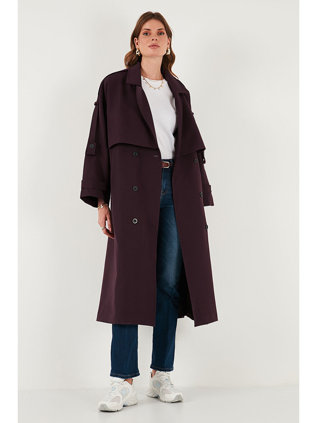 Mürdüm Oversize Fit Kruvaze Yaka Düğmeli Kemerli Uzun Trençkot 6839476-3