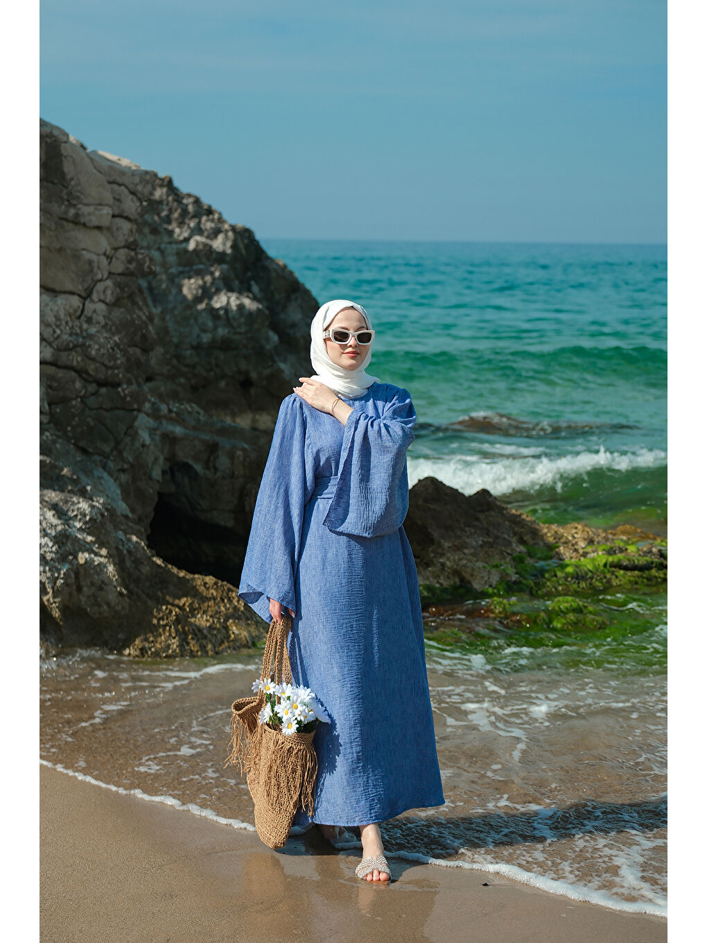 Kadın Yarasa Kol Bel Bağlamalı Elbise Mavi-2