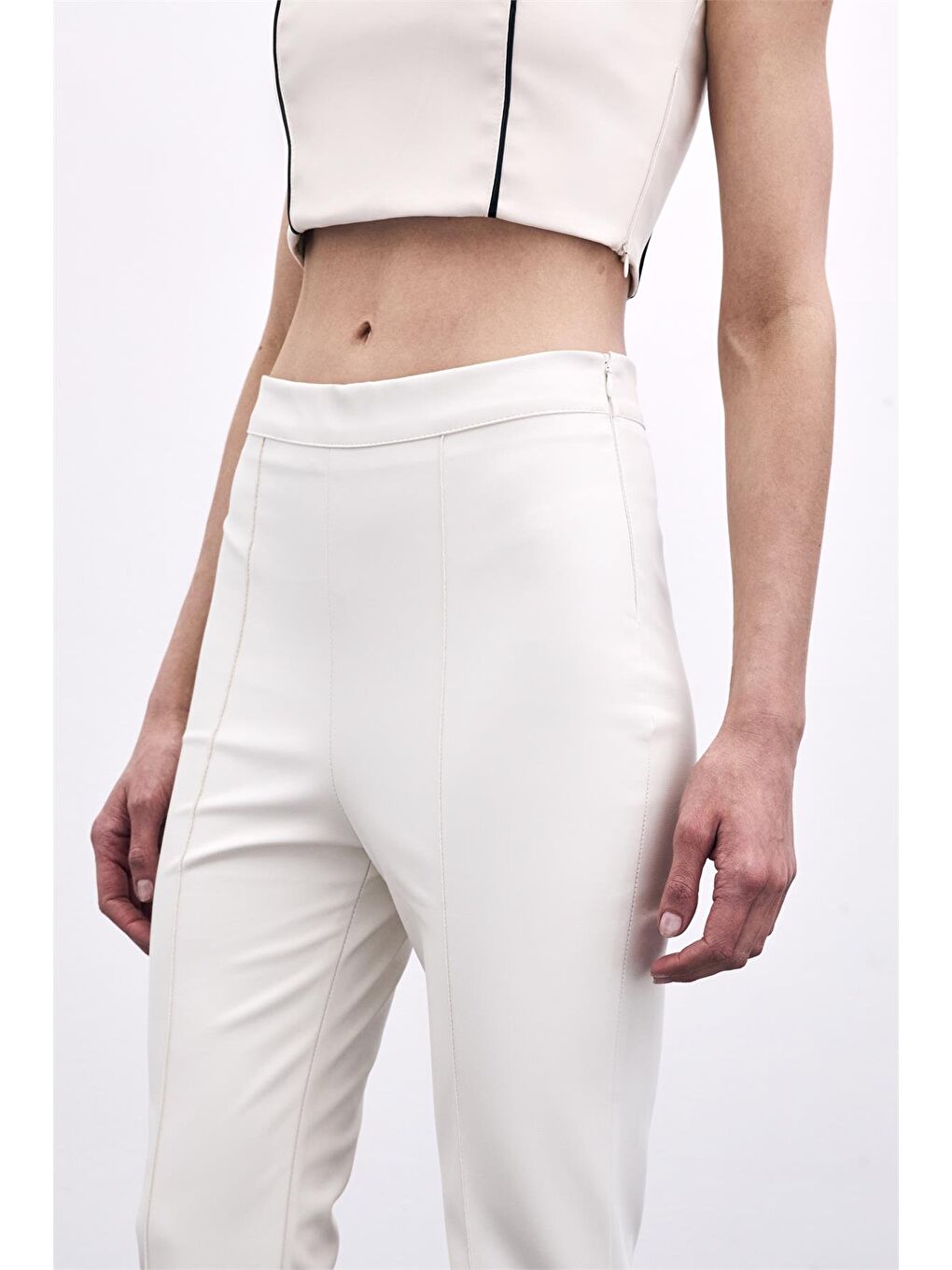 Yüksek Bel Deri Pantolon - Ekru-3