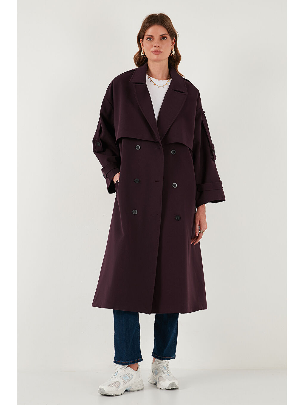 Mürdüm Oversize Fit Kruvaze Yaka Düğmeli Kemerli Uzun Trençkot 6839476-4