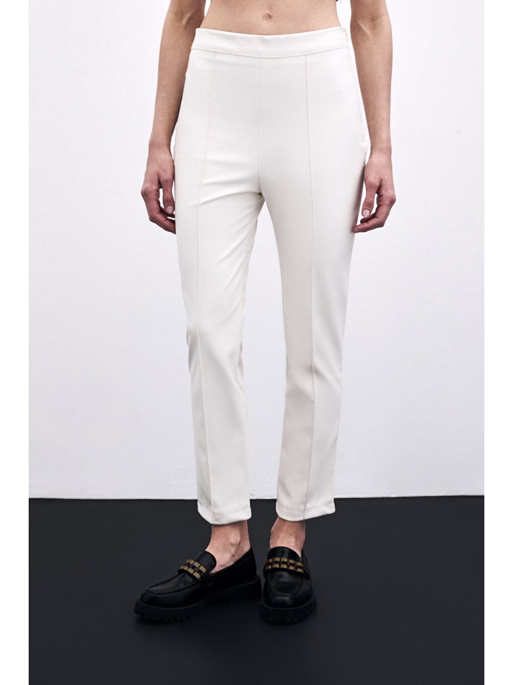 Yüksek Bel Deri Pantolon - Ekru-4