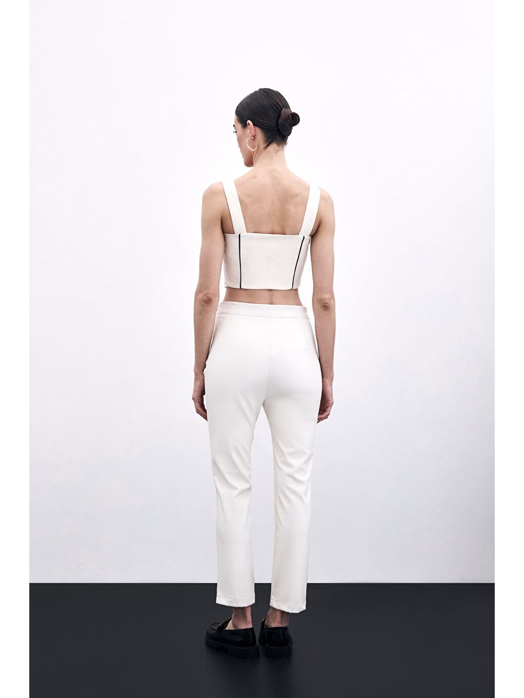 Yüksek Bel Deri Pantolon - Ekru-5