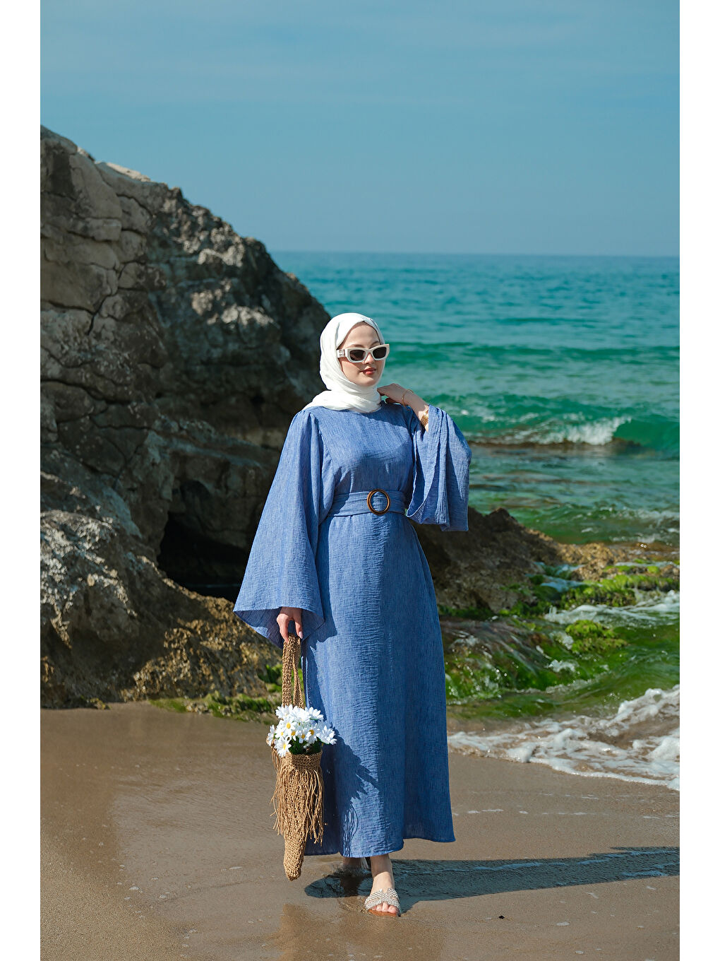 Kadın Yarasa Kol Bel Bağlamalı Elbise Mavi-3