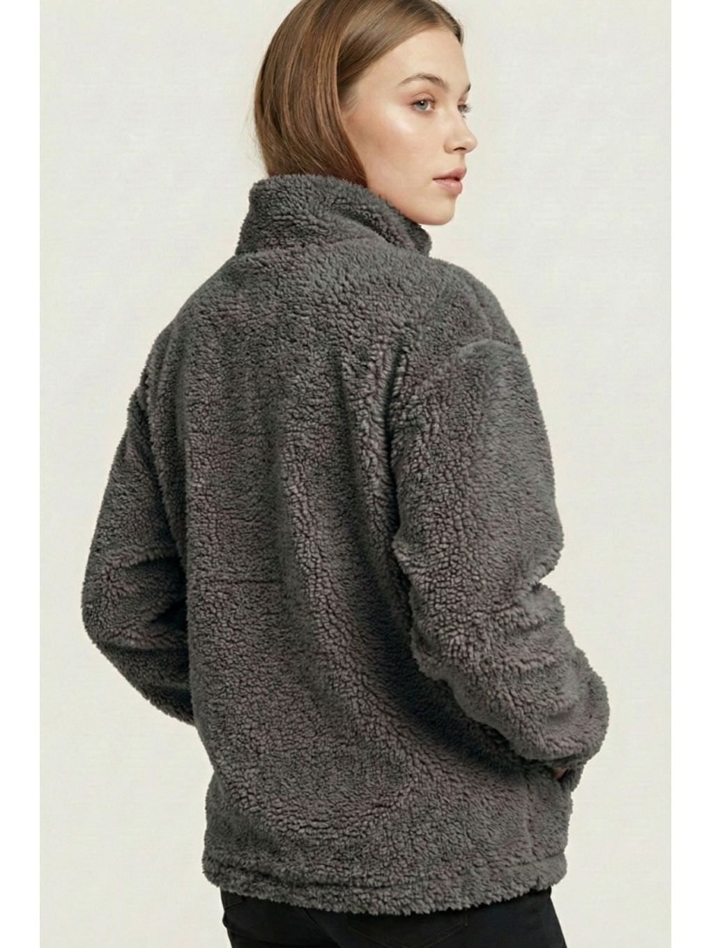 Gri Kadın Pelüş Tam Fermuarlı Cepli Sherpa Kuzu Kumaş Oversize Pelüş Polar Sweatshirt-3