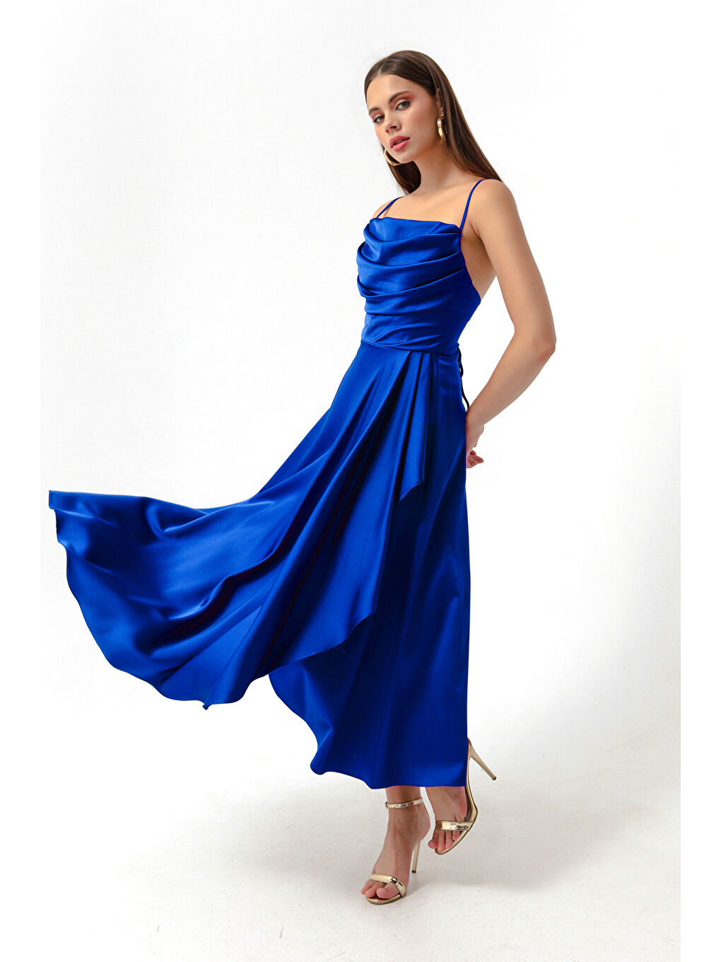 Mavi Kadın Saks Volanlı Yırtmaçlı Saten Midi Boy Abiye & Mezuniyet Elbisesi-1