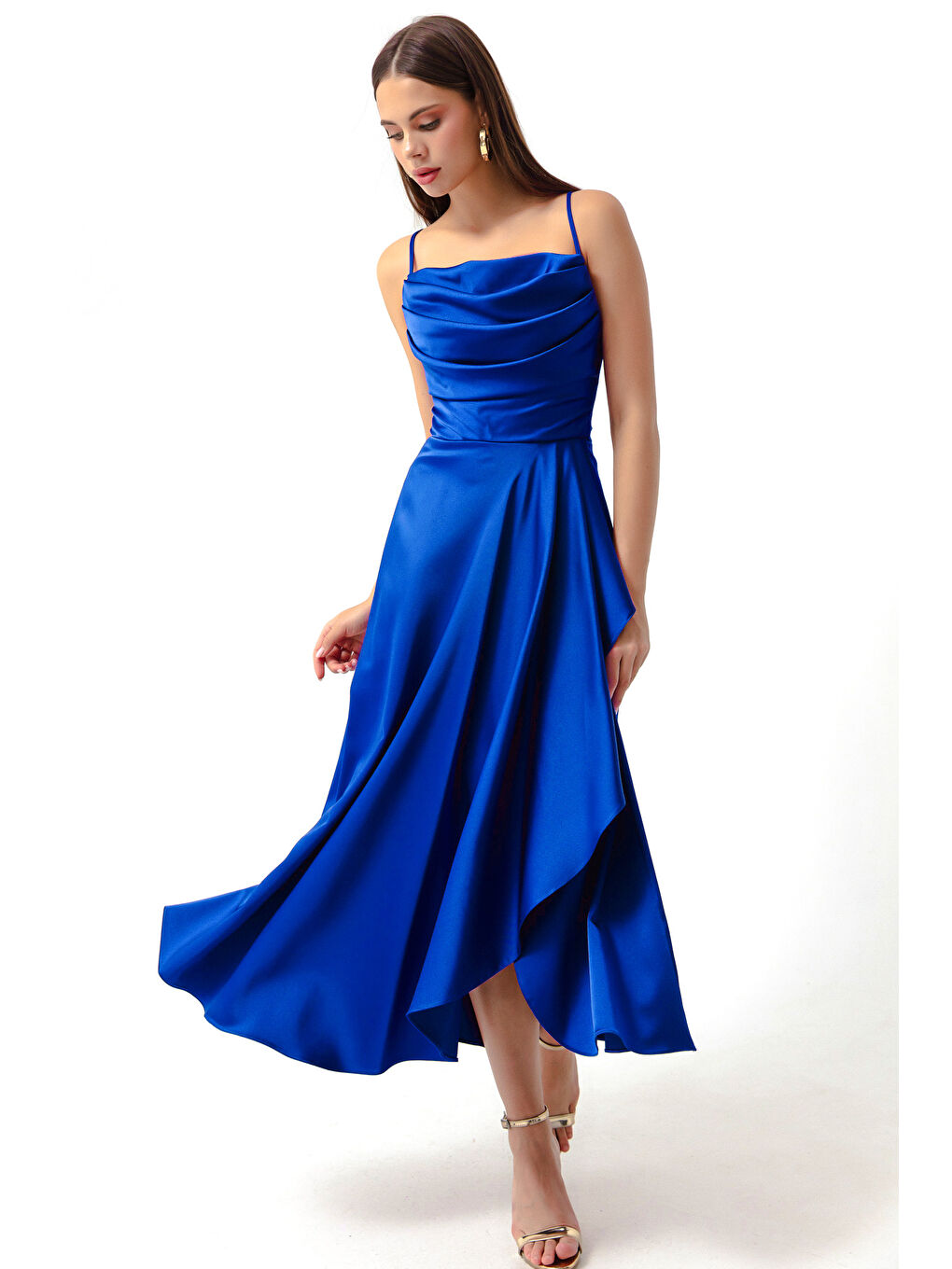 Mavi Kadın Saks Volanlı Yırtmaçlı Saten Midi Boy Abiye & Mezuniyet Elbisesi-2