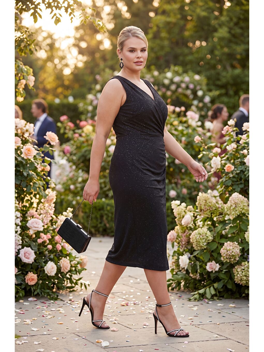 Kadın Siyah Kruvaze Yaka Simli Büyük Beden Midi Abiye Elbise-4