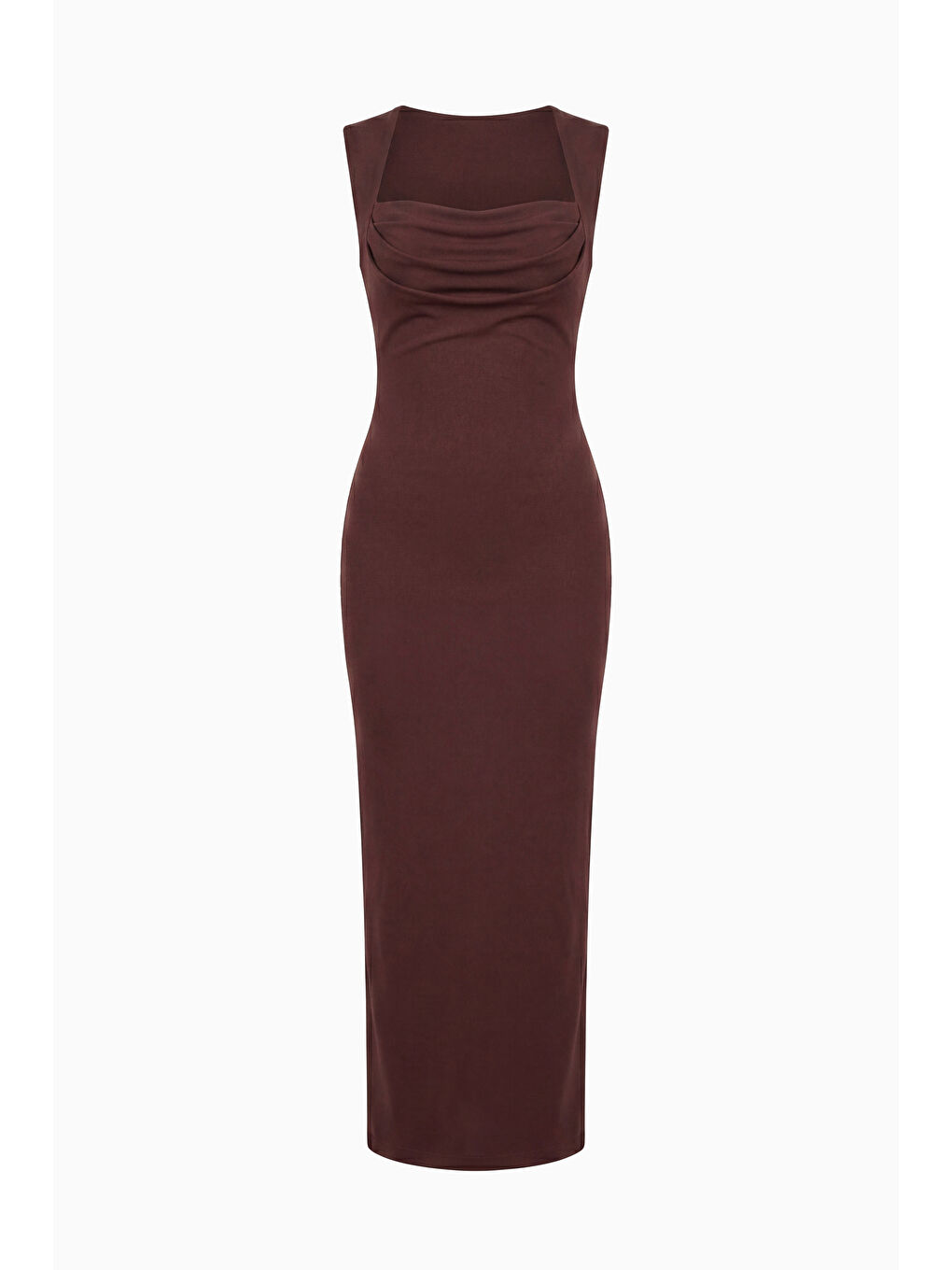 Kadın Kahverengi Kare Yaka Kolsuz Krep Davet Elbisesi-6