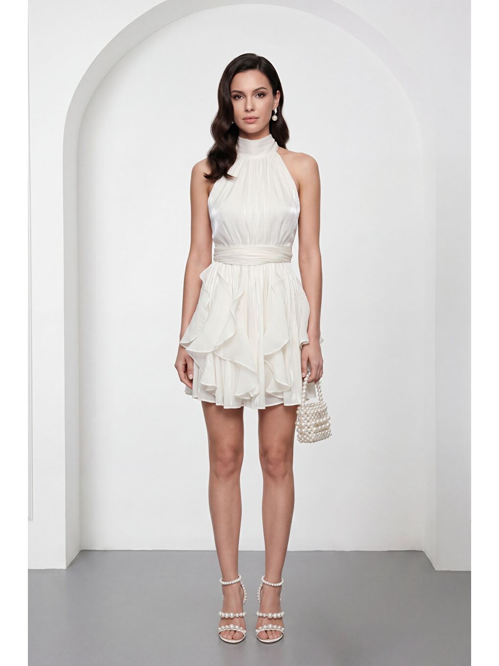 Kadın Ekru Halter Yaka Volanlı Mini Mezuniyet Elbise-1