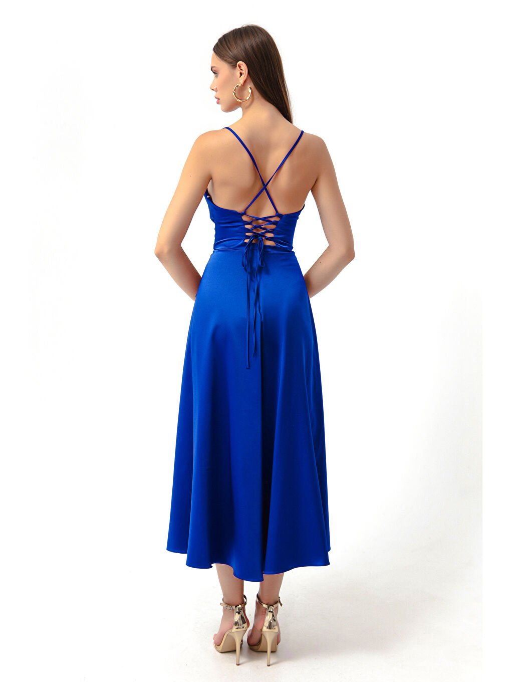 Mavi Kadın Saks Volanlı Yırtmaçlı Saten Midi Boy Abiye & Mezuniyet Elbisesi-4