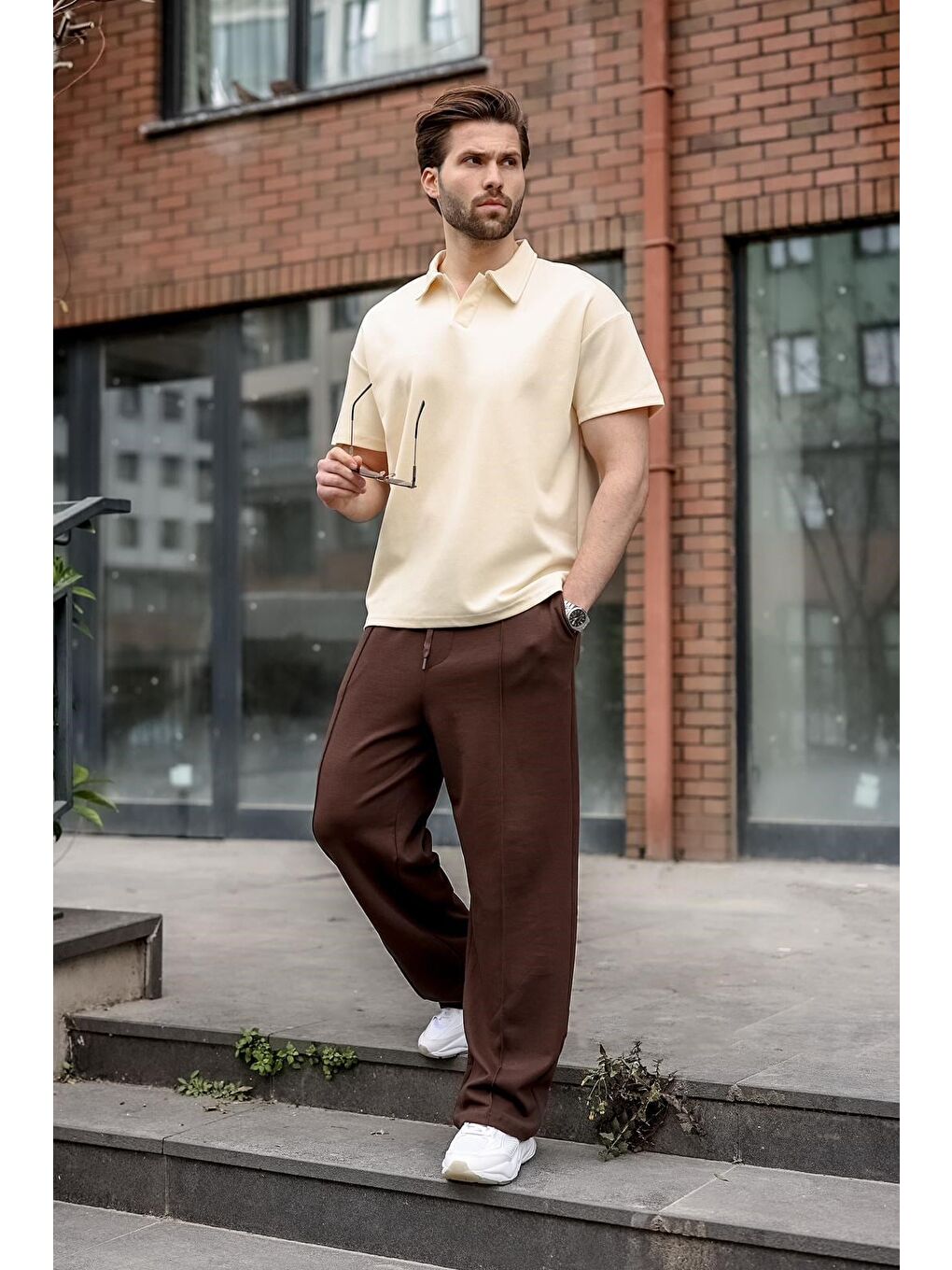 Bej Polo Yaka Oversize Erkek Tişört E7185