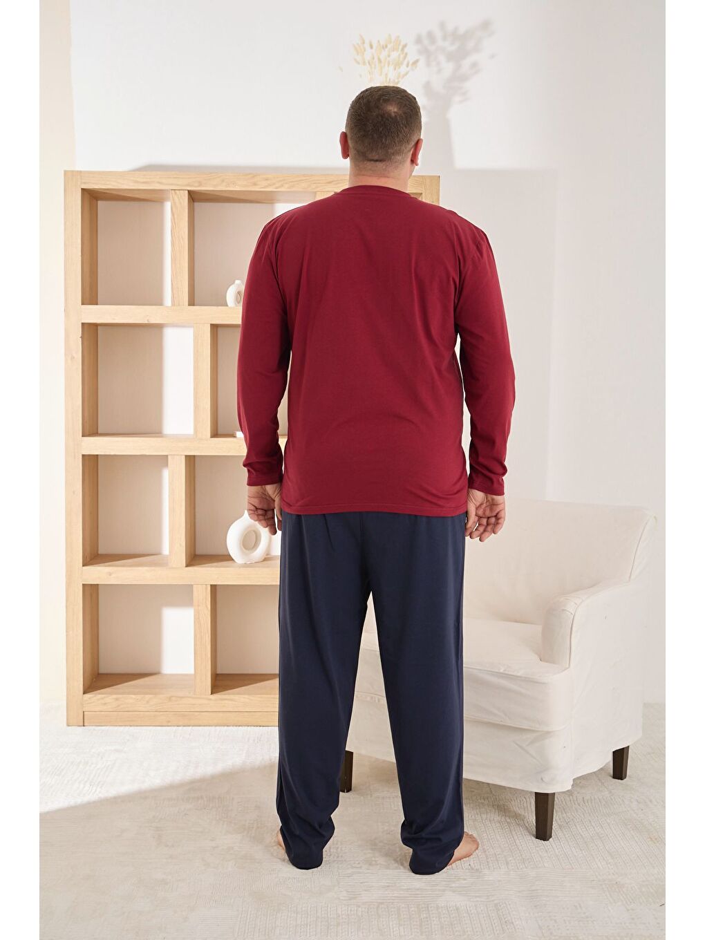 Bordo Erkek %100 Pamuk Uzun Kollu Baskılı Battal Kaliteli Rahat Pijama Takımı-2