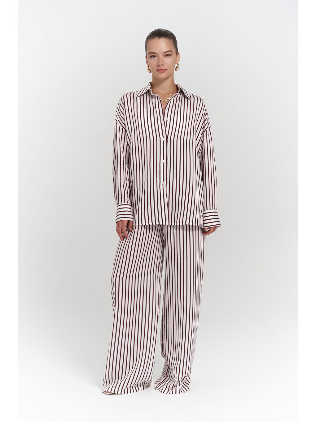 Beatrix Bordo Çizgili Ekru Gömlek Pantolon Takım