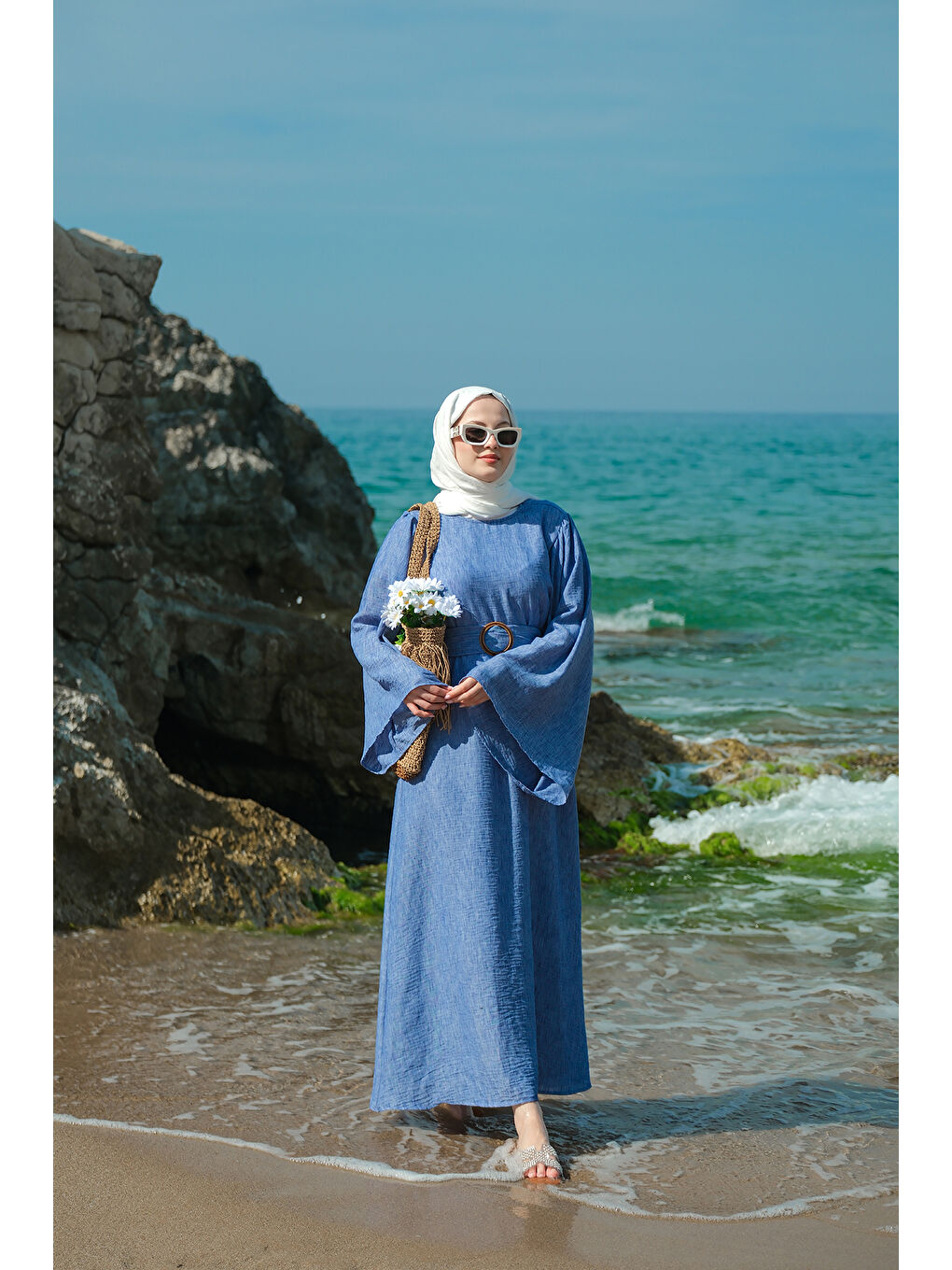 Kadın Yarasa Kol Bel Bağlamalı Elbise Mavi-4