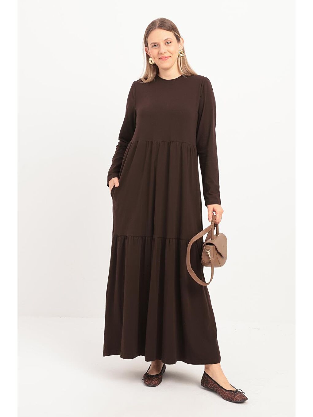 Kahverengi Kahve Pamuklu Fırfırlı Cepli Elastanlı Penye Elbise
