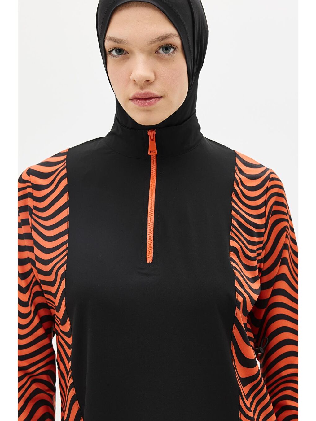 Kahverengi Zebra Desenli 4'Lü Tesettür Mayo 6227 Kiremit/Siyah-3