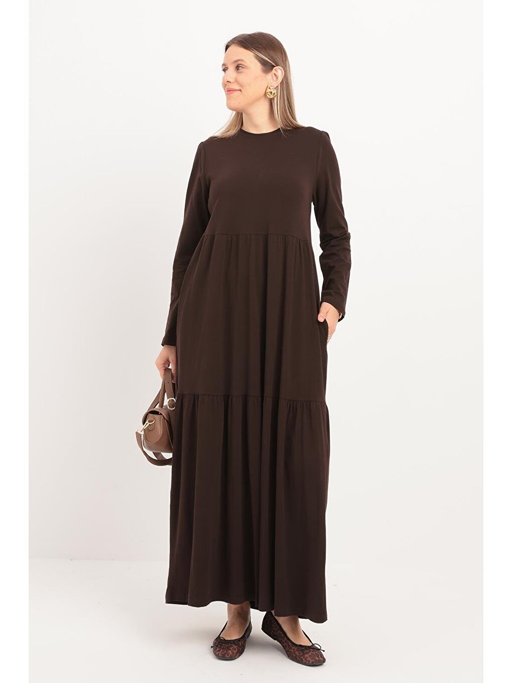 Kahverengi Kahve Pamuklu Fırfırlı Cepli Elastanlı Penye Elbise-1