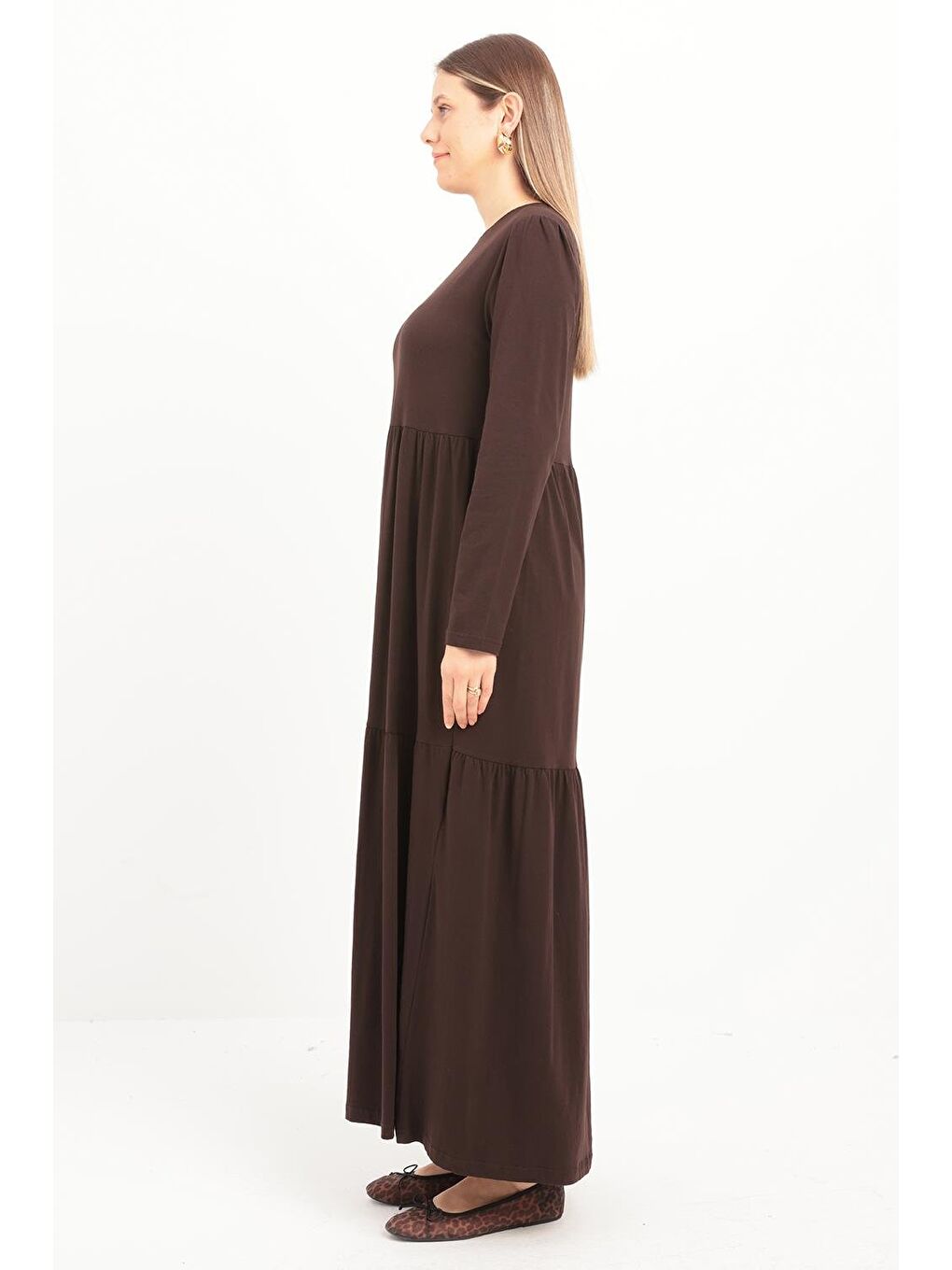 Kahverengi Kahve Pamuklu Fırfırlı Cepli Elastanlı Penye Elbise-2