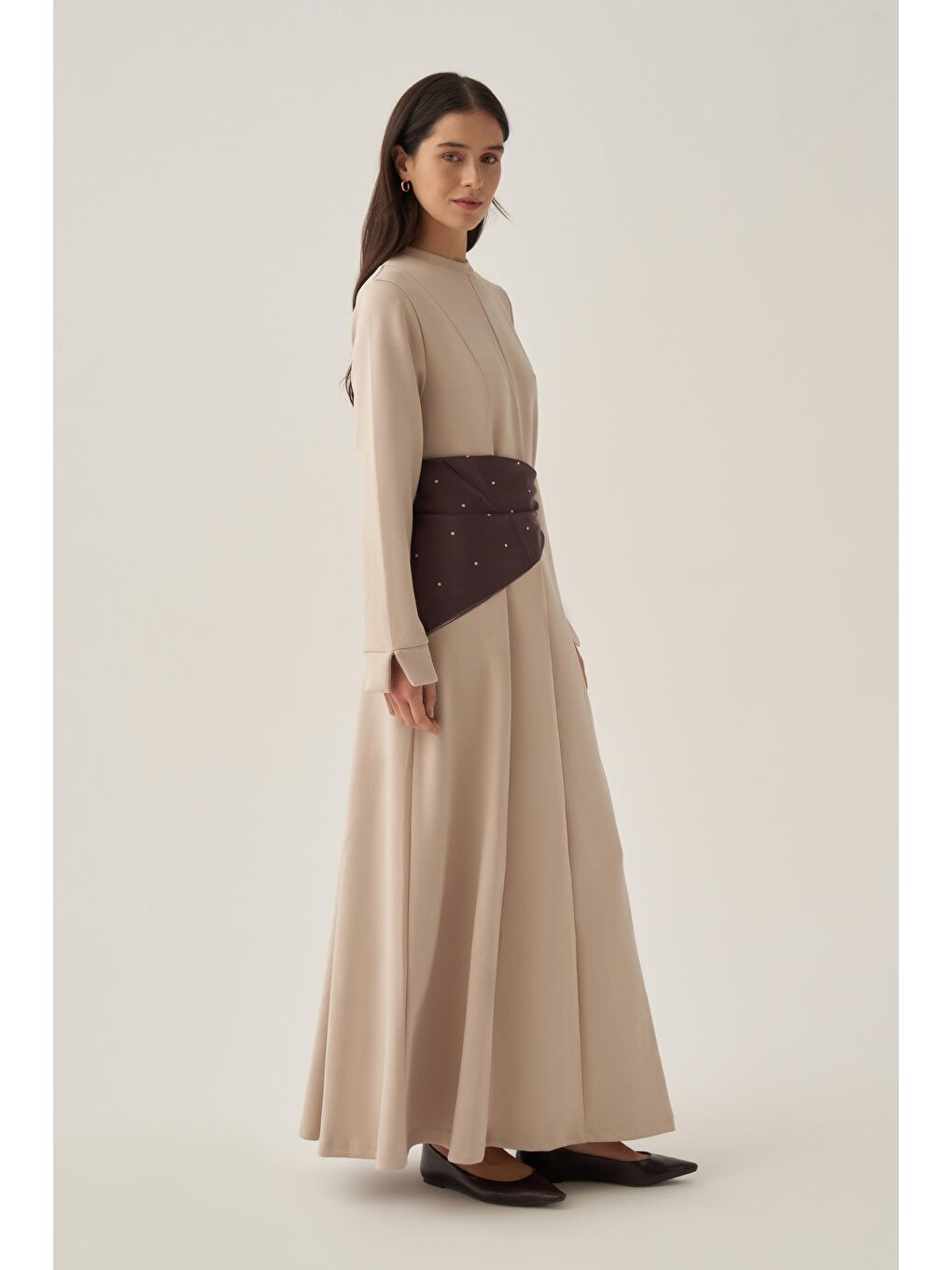 Bej Taş-Yumuşak Dokulu Parçalı Elbise-1