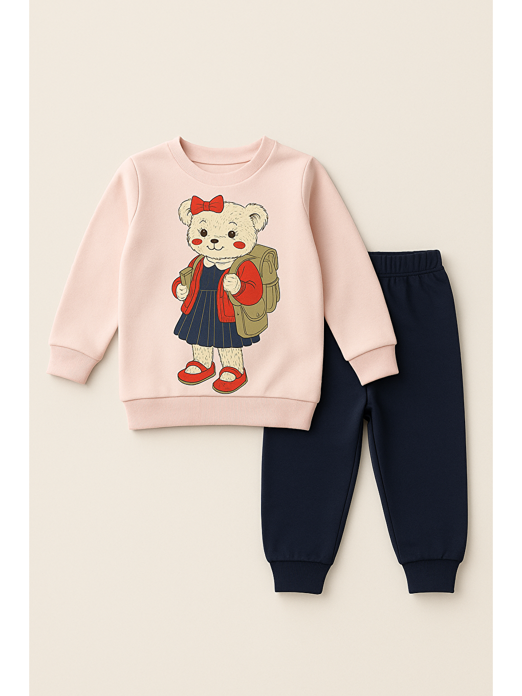Kız Çocuk Teddy Desenli Eşofman Takımı Pembe