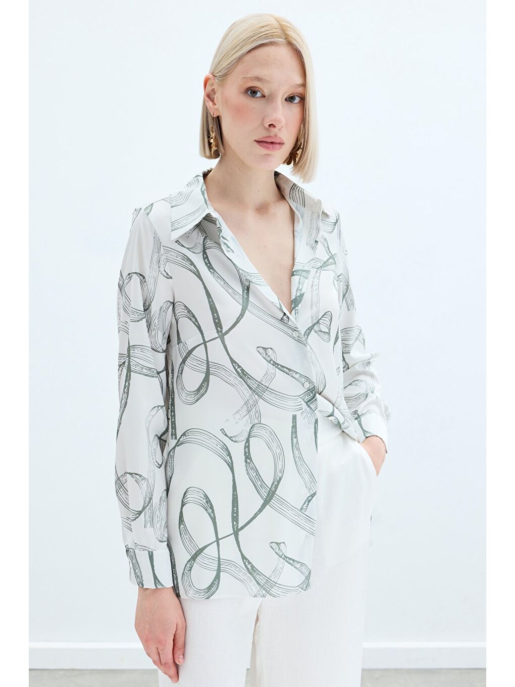 Desenli Klasik Gömlek - Haki