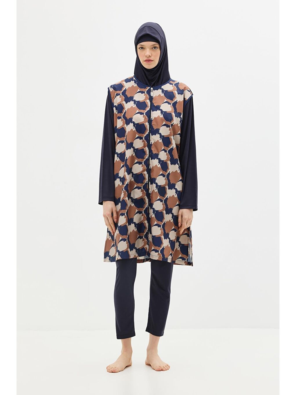 Büyük Beden Paraşüt Kumaş Fermuarlı 4'Lü Tesettür Mayo 1403 Koyu Lacivert-2