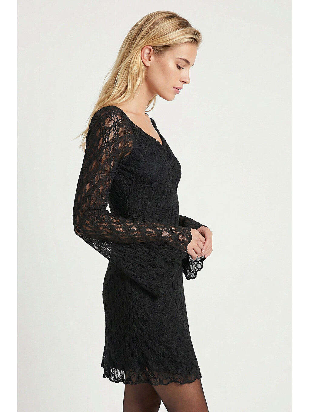 Siyah Dantel Mini Bardot Elbise SİYAH LZV0051-2