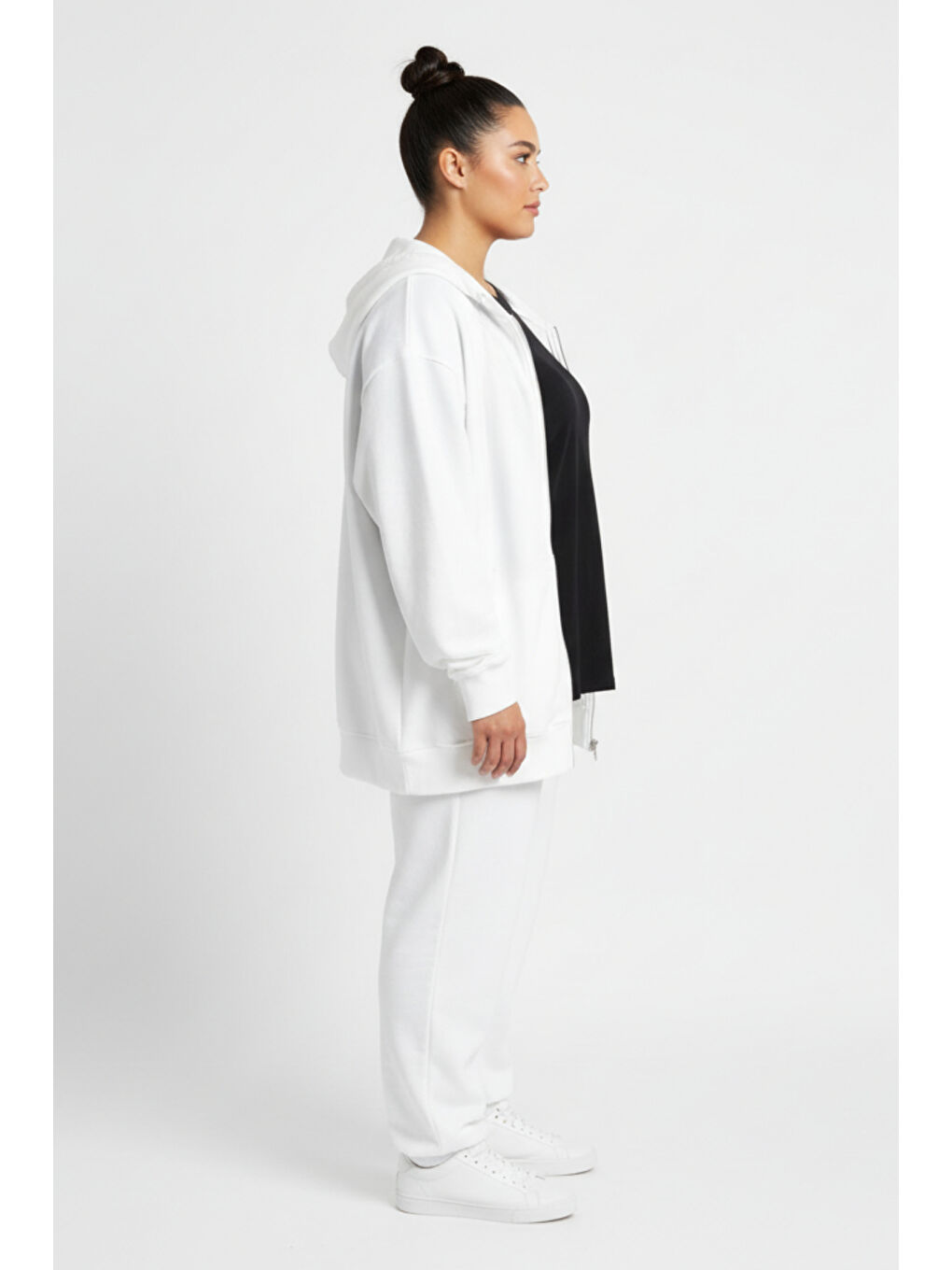 Ekru Kadın Büyük Beden Fermuarlı Kapüşonlu ince Sweatshirt Hırka - Rahat Kalıp SPR26BHR960-1