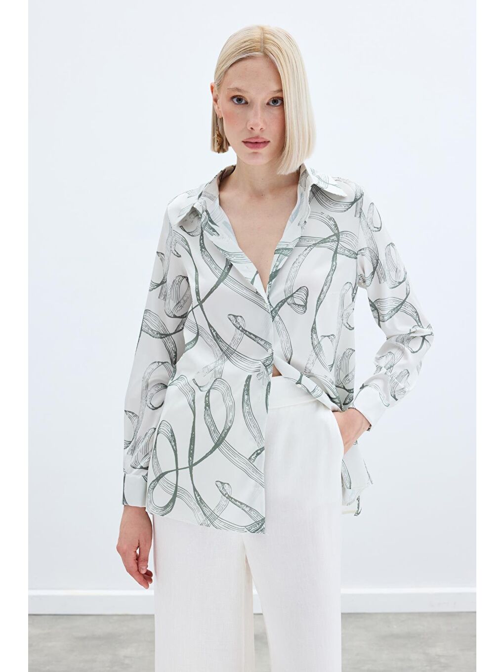 Desenli Klasik Gömlek - Haki-1