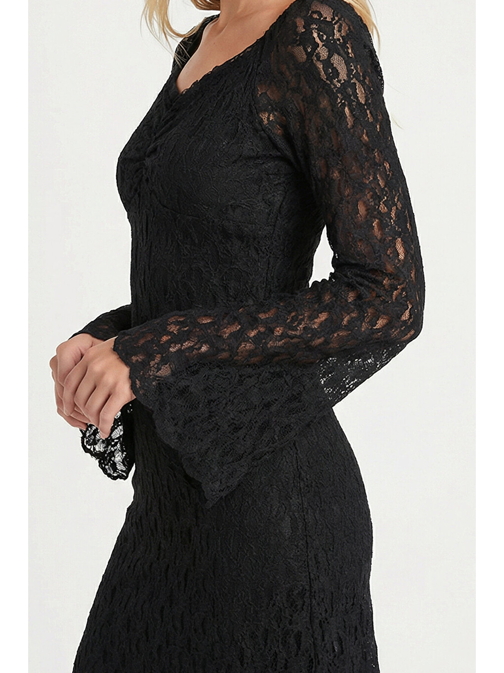 Siyah Dantel Mini Bardot Elbise SİYAH LZV0051-3