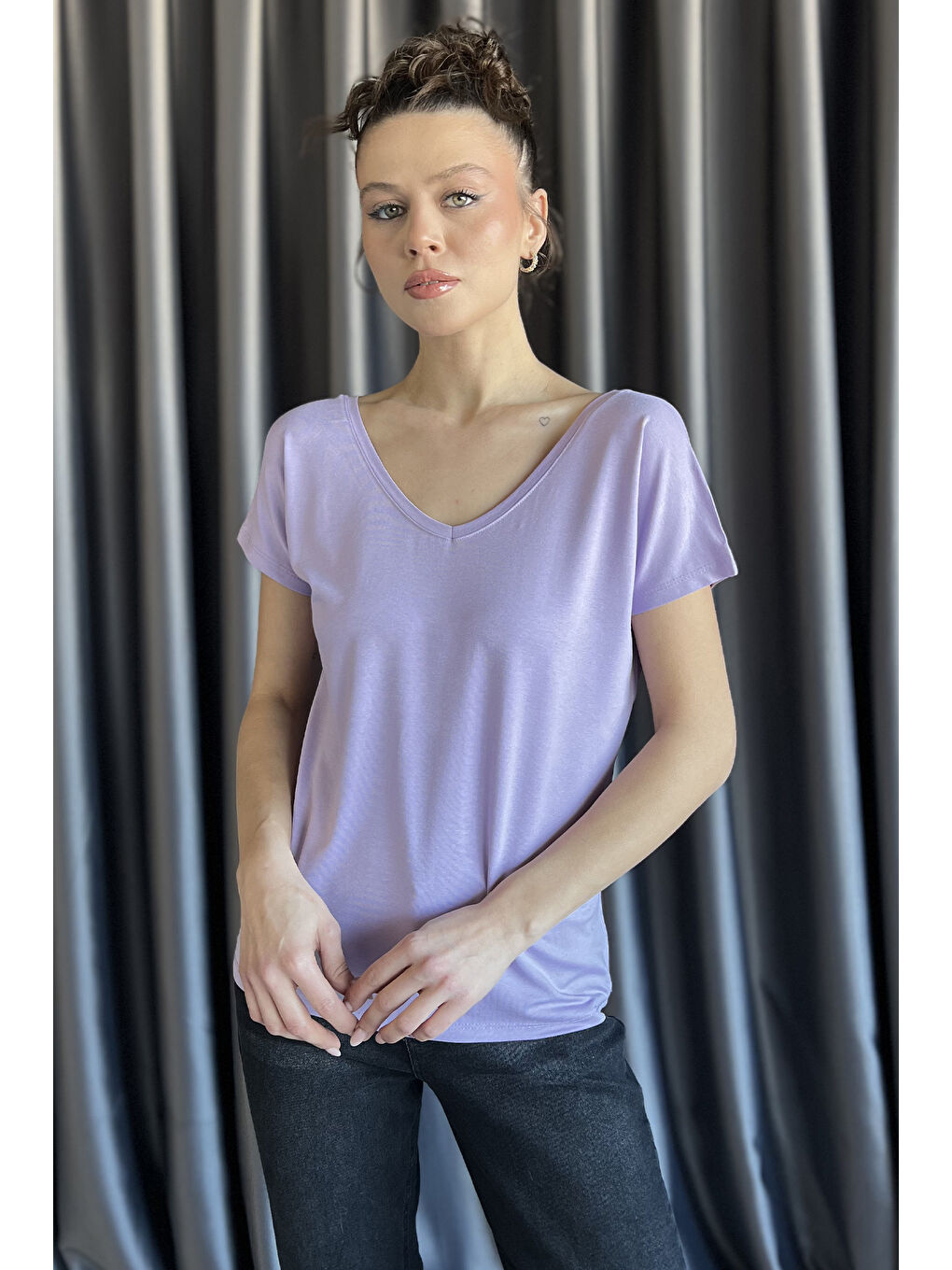 Lila Ön Arka V Yaka Kadın T-shirt-1