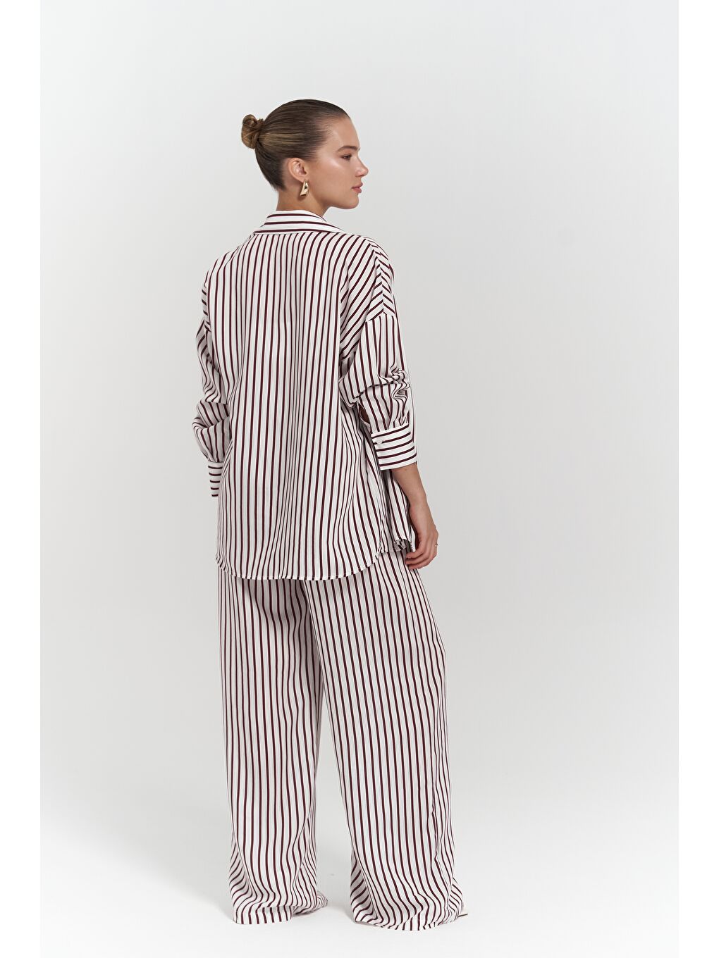 Beatrix Bordo Çizgili Ekru Gömlek Pantolon Takım-2