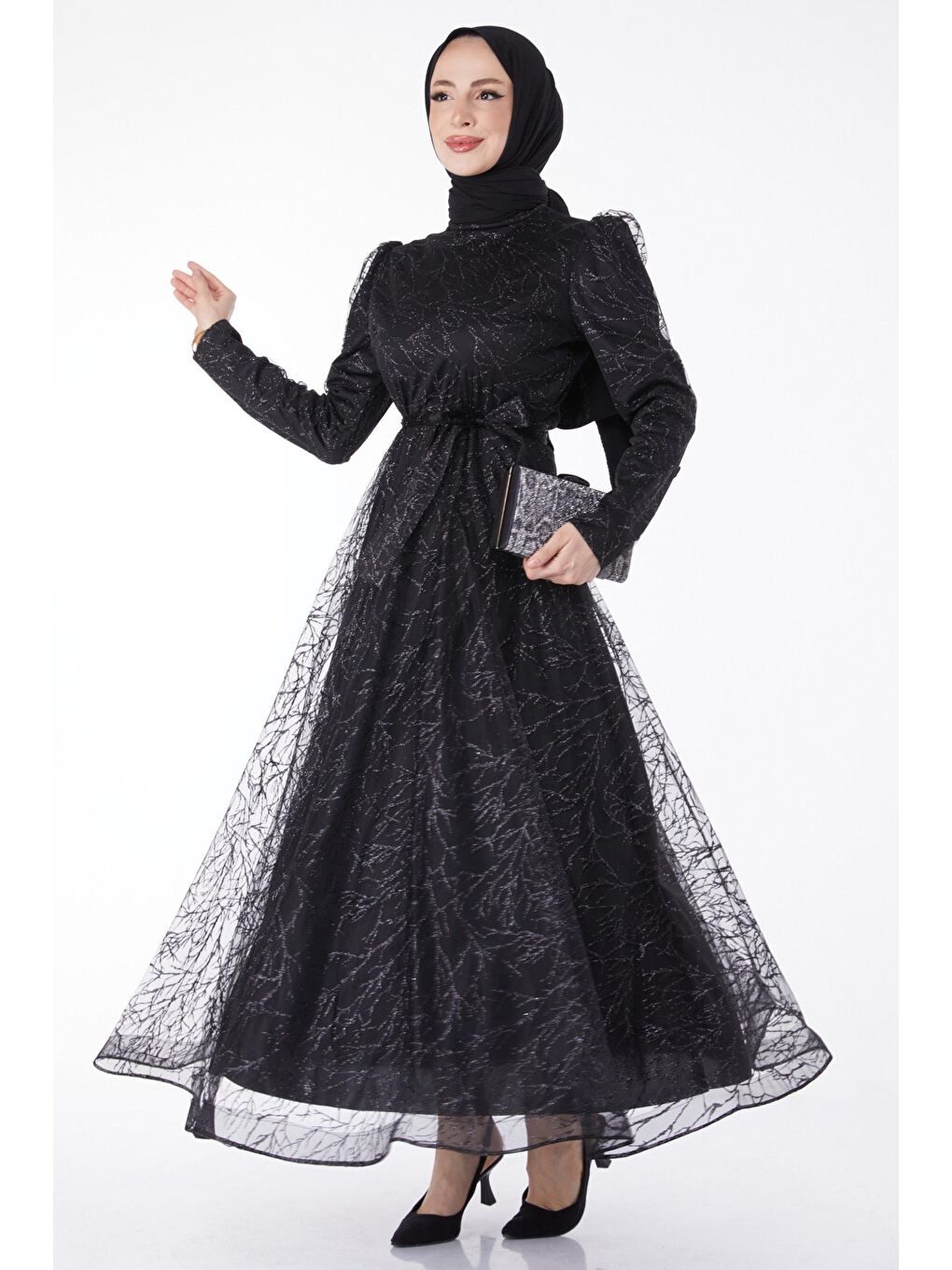 Hakim Yaka Kadın Siyah Işıltılı Simli Abiye Elbise - 24822