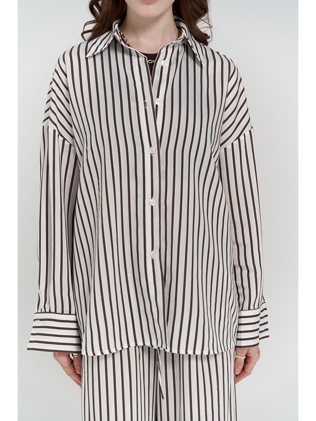 Kahverengi Beatrix Kahve Çizgili Ekru Gömlek Pantolon Takım-4