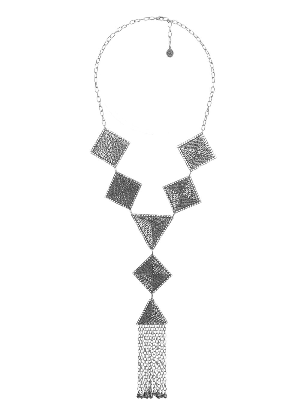 Gri Kadın Antik Gümüş Kaplama Geometrik Parçalı Püsküllü Tasarım Kolye