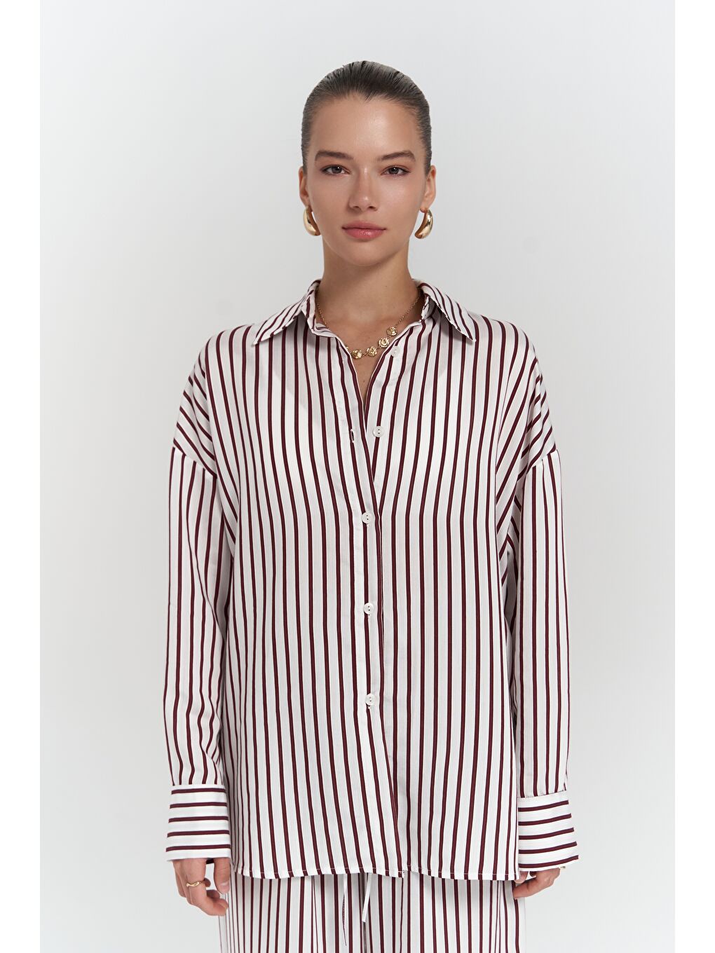 Beatrix Bordo Çizgili Ekru Gömlek Pantolon Takım-3