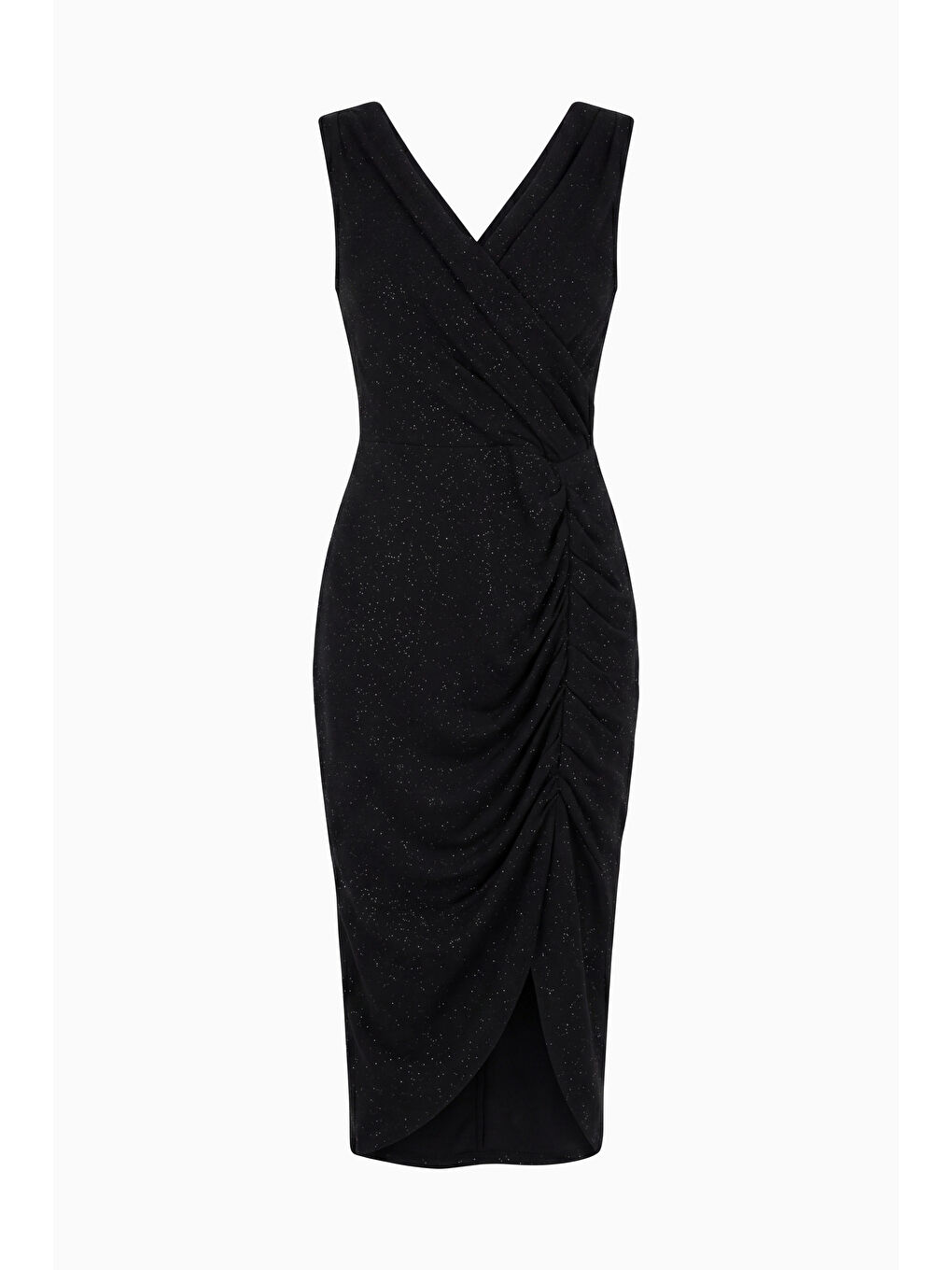 Kadın Siyah Kruvaze Yaka Simli Büyük Beden Midi Abiye Elbise-6