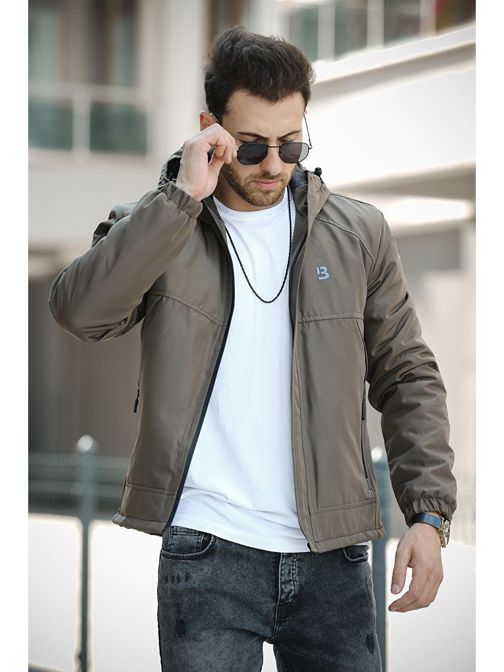 Haki Jestad Su İtici Kapüşonlu Slim Fit Erkek Mont