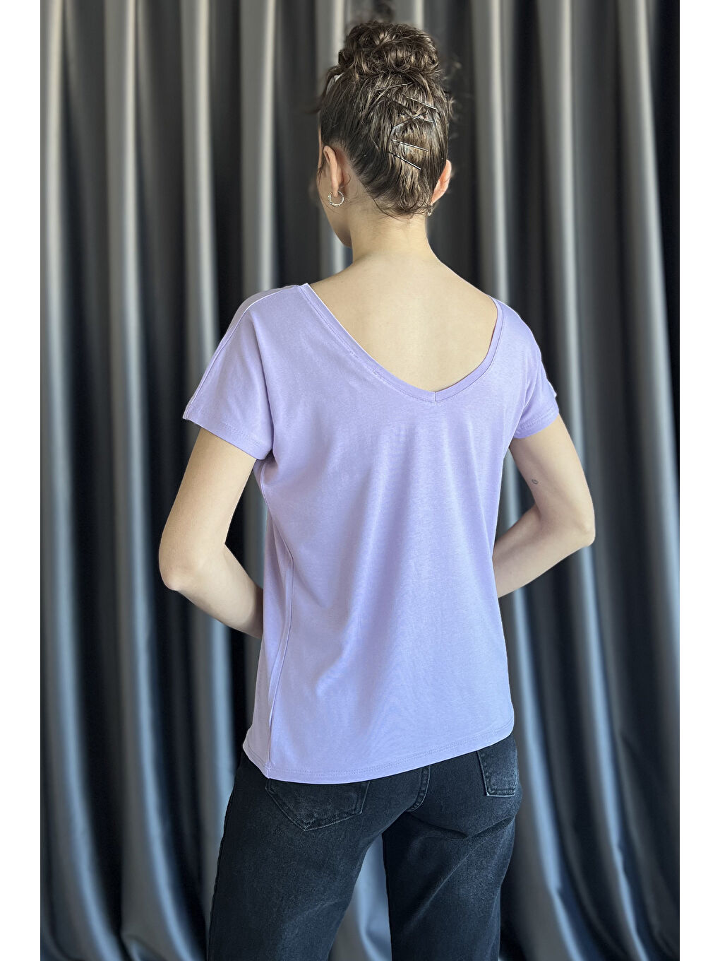 Lila Ön Arka V Yaka Kadın T-shirt-2