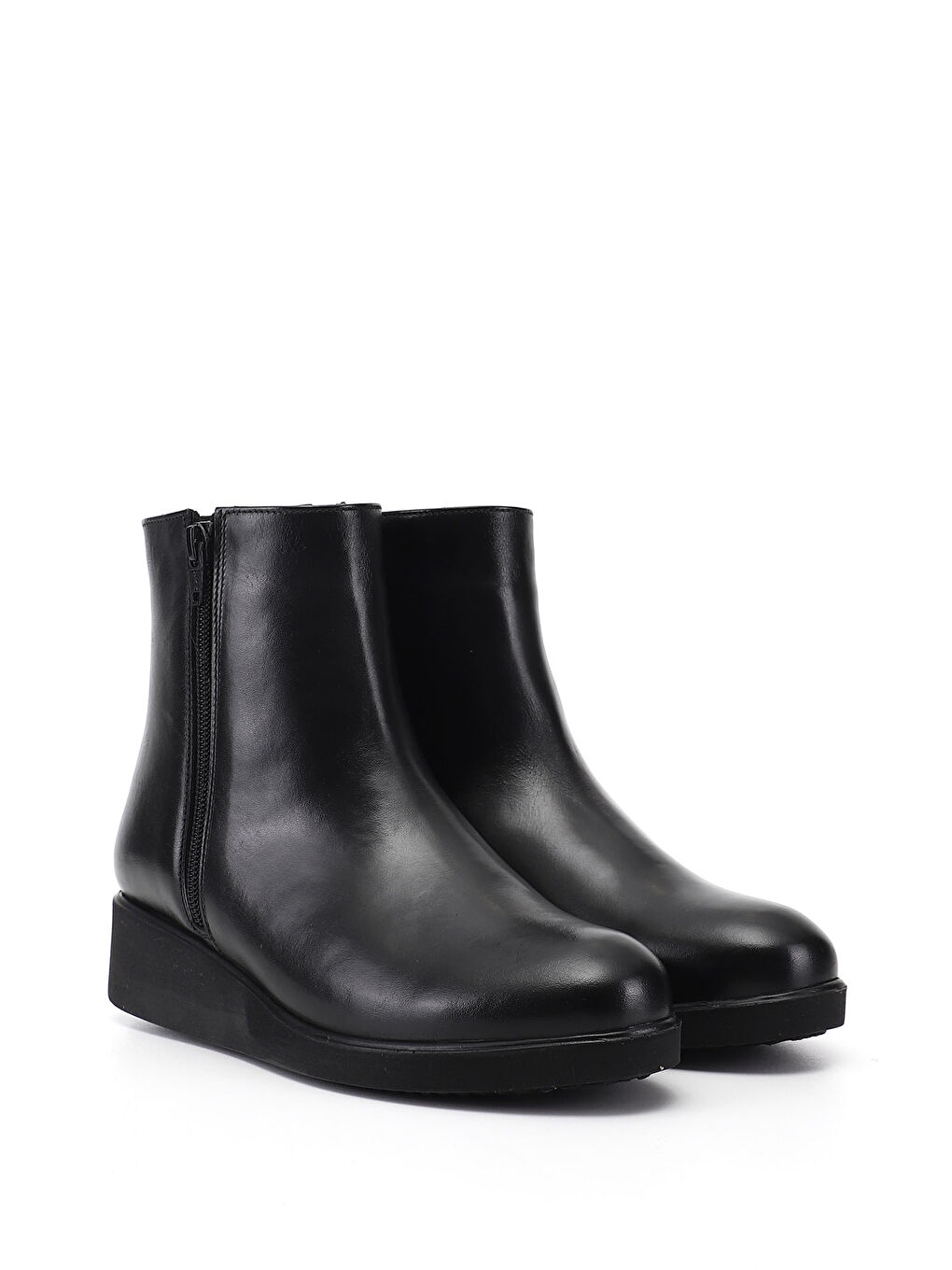 Siyah Kadın SİYAH Çift Fermuarlı Dolgu Topuklu Hakiki Deri Bot-1