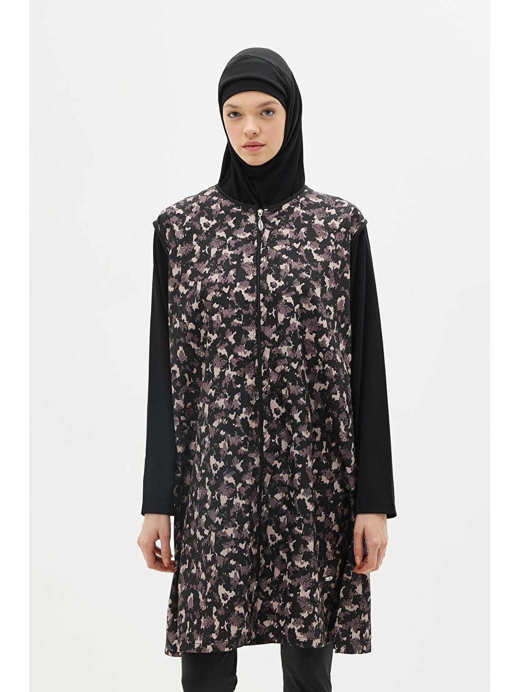 Büyük Beden Paraşüt Kumaş Fermuarlı 4'Lü Tesettür Mayo 1403 Siyah-1