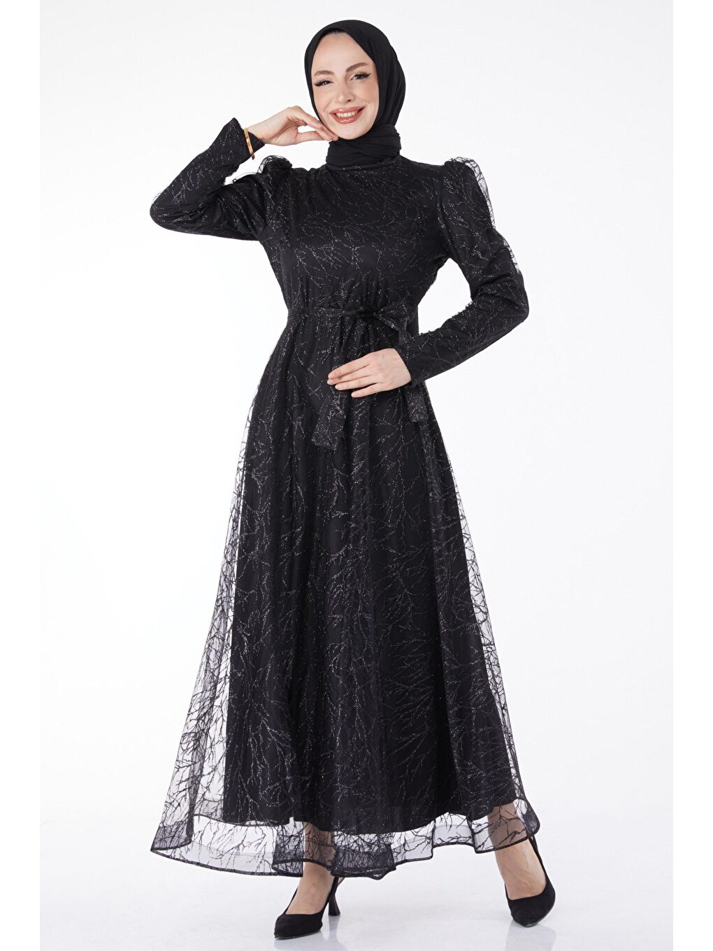 Hakim Yaka Kadın Siyah Işıltılı Simli Abiye Elbise - 24822-1