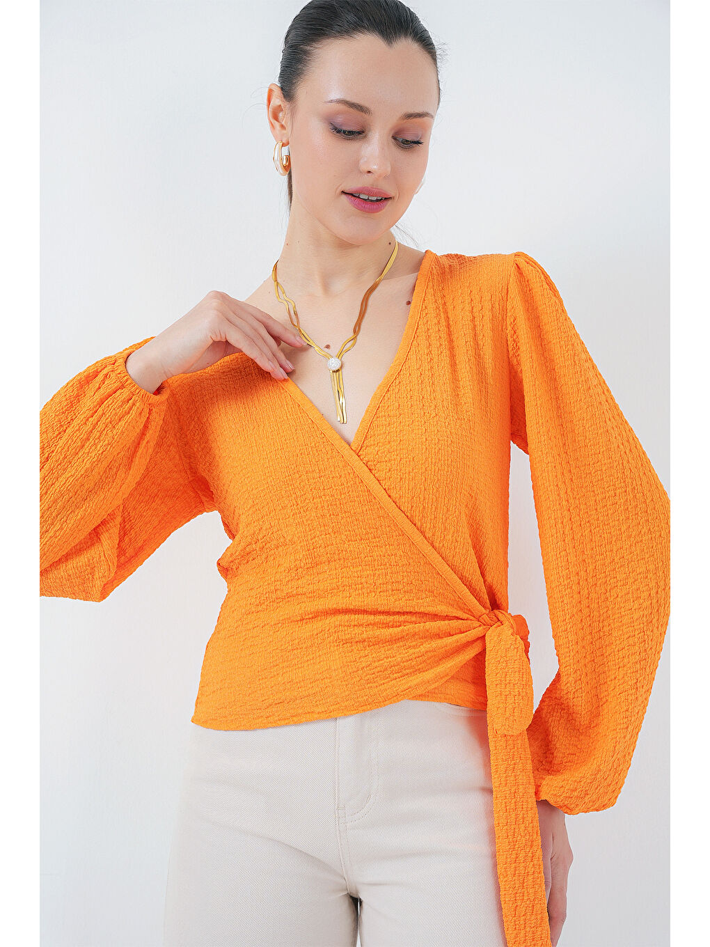 0441 Anvelop Örme Bluz - Turuncu-2