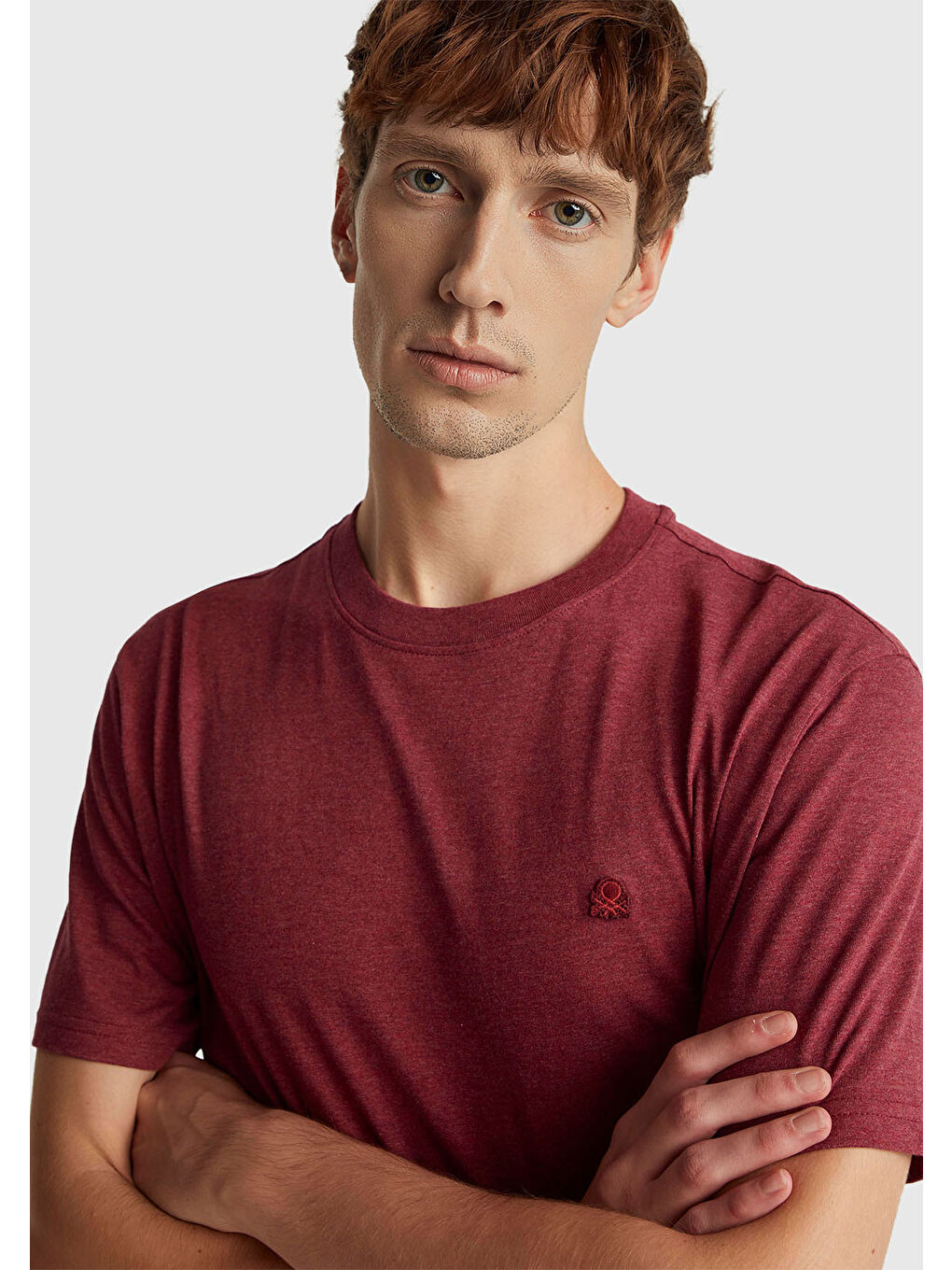 Erkek Bordo %100 Pamuk Logo İşlemeli Bisiklet Yaka T-Shirt-5